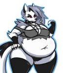 anthro belly big_belly big_breasts black_body black_bottomwear black_clothing black_collar bottomwear breasts choker clothing collar crop_top female fur grey_body grey_fur grey_hair hair huge_thighs jewelry legwear long_hair multicolored_body multicolored_fur necklace obese obese_anthro obese_female overweight overweight_anthro overweight_female panties shirt solo thick_thighs thigh_highs topwear underwear white_body white_fur mizz-britt helluva_boss mythology loona_(helluva_boss) canid canid_demon canine canis demon hellhound mammal mythological_canine mythological_creature wolf absurd_res hi_res