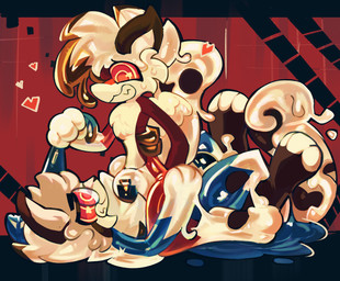 anthro big_bulge blue_body bulge duo fur glistening glistening_body goo_transformation grey_body grey_fur hypnosis male male/male mid_transformation mind_control null_bulge paws red_body red_fur transformation latexm4n nintendo pokemon generation_7_pokemon lycanroc pokemon_(species) hi_res