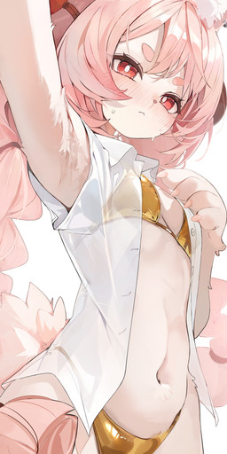anthro bikini blush braided_pigtails clothing female flat_chested fur gold_bikini hair navel pink_body pink_fur pink_hair red_eyes scut_tail shirt short_tail simple_background swimwear tail topwear translucent translucent_clothing translucent_shirt translucent_topwear two-piece_swimsuit unbuttoned_shirt white_background white_clothing white_shirt white_topwear norankkori golden_week mihoyo zenless_zone_zero zhao_(zenless_zone_zero) lagomorph leporid mammal rabbit thiren 1:2 absurd_res hi_res