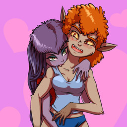 arm_tuft bite blush breasts cheek_tuft cleavage clothed clothing cute_fangs duo elbow_tuft facial_tuft fangs female female/female fur gloves_(marking) green_eyes hair heart_symbol hug humanoid_on_humanoid looking_at_viewer looking_back markings navel open_mouth orange_hair purple_background purple_hair red_eyes simple_background tan_body tan_fur teeth tuft yellow_sclera plagueofgripes ghoul_school hanna-barbera mythology scooby-doo_(series) sibella_dracula winnie_werewolf_(ghoul_school) animal_humanoid canid canid_humanoid canine canine_humanoid humanoid mammal mammal_humanoid mythological_canine mythological_creature vampire werecanid werecanine werecreature werewolf 1:1 2015 hi_res