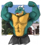 abs anthro biceps big_muscles biped claws fangs grin horn looking_at_viewer male muscular muscular_anthro muscular_male pecs pose smile solo standing teeth yellow_eyes timberwolfmax mythology steven_(timberwolfmax) dragon mythological_creature mythological_scalie scalie