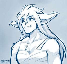 anthro bare_shoulders biped blue_background breasts cheek_tuft chest_tuft chest_wraps clothed clothed_anthro clothed_female clothing ear_tuft facial_tuft female front_view fur grin hair simple_background smile solo teeth text tuft wraps conditional_dnp tom_fischbach gigachad twokinds king_adelaide basitin mammal 2026 blue_and_white digital_drawing_(artwork) digital_media_(artwork) english_text half-length_portrait monochrome portrait sketch