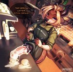 anthro apron barista big_penis blonde_hair blue_eyes blush bodily_fluids brown_body brown_fur clothed clothing coffee_shop cum cum_in_a_cup cum_in_container cum_on_penis dialogue femboy fur genital_fluids genitals hair horn huge_penis looking_at_viewer male medial_ring penis smile solo speech_bubble tail tail_tuft text tuft uniform wide_hips barggmel meme_clothing yara_(barggmel) bovid bovine cattle mammal hi_res meme