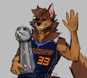 anthro award basketball_uniform brown_body brown_fur clothed clothing fur gesture holding_award holding_object holding_trophy male simple_background solo sportswear tail trophy uniform waving tessa_gaf canid canine canis mammal wolf digital_media_(artwork) hi_res