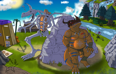 3_fingers 3_toes accessory balls belly bone bottomwear bottomwear_aside claws clothing clothing_aside duo fang_necklace feet fingers genitals horn loincloth loincloth_aside markings musclegut muscular nipples pecs penis skeleton slightly_chubby tail toes tribal tribal_markings fafnir_stardust_(artist) bandai_namco digimon digimon_(species) greymon skullgreymon hi_res