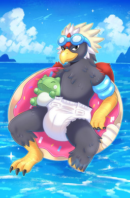 3_fingers 3_toes animal_feet anthro arm_floatie back_wings beak black_claws black_eyes black_finger_claws black_talons black_toe_claws blue_cere blue_eyewear blue_goggles cere_(anatomy) claws clean_diaper closed_smile clothed clothing cloud dangling_legs detailed_background diaper diaper_fetish donut_pool_toy eyewear eyewear_on_head feather_hair feathered_crest feathered_wings feathers feet finger_claws fingers floatie floating floating_on_water foot_in_water front_view glistening glistening_eyes goggles goggles_on_head grey_arms grey_body grey_face grey_feathers grey_legs head_crest leg_in_water looking_at_viewer male mountain mouth_closed multicolored_body multicolored_feathers plushie pokemorph pool_float pseudo_hair red_arms red_back red_body red_feathered_crest red_feathers red_wings scuted_arms scuted_feet scuted_hands scuted_legs scutes sea sitting sky skyscape smile smiling_at_viewer solo sparkles star talon_hands talons tan_feather_hair text three-quarter_view toe_claws toes water wearing_diaper white_feathered_crest wings yellow_arms yellow_beak yellow_feet yellow_hands yellow_legs fructoruu nintendo pokemon fan_character nado_soarian substitute_doll accipitrid accipitriform avian bird braviary eagle generation_5_pokemon pokemon_(species) 2025 artist_name colored digital_drawing_(artwork) digital_media_(artwork) hi_res portrait