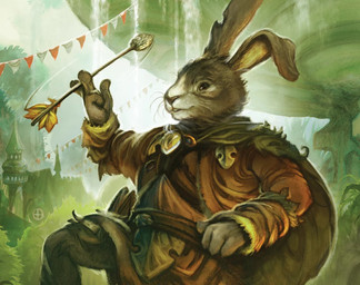 anthro arrow_(weapon) brown_body brown_fur building cape clothing fur holding_arrow looking_at_viewer male outside plant ranged_weapon smile solo tower tree weapon whiskers window cory_godbey hasbro magic:_the_gathering wizards_of_the_coast finneas_(mtg) lagomorph leporid mammal rabbit official_art