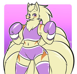 anthro boxing_gloves boxing_shorts bulge clothing femboy fur fur_markings handwear looking_at_viewer male markings shirt tank_top topwear the_k9_empire vulpinecrew nintendo pokemon generation_1_pokemon ninetales pokemon_(species)