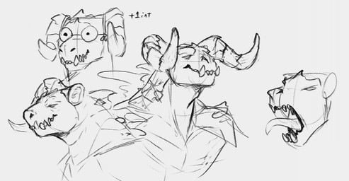 anthro eyewear fangs glasses horn male male_anthro mouth_closed open_mouth ridged_horn round_glasses simple_background solo teeth tongue tongue_out jezzlen fallout microsoft deathclaw scalie bust_portrait monochrome portrait sketch sketch_page