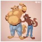 3_toes 4_fingers anthro barefoot bashful bedroom_eyes belly belly_pat big_belly blush body_hair bottomwear brown_body brown_fur chest_hair clothing denim denim_bottomwear denim_clothing duo erection erection_under_clothing feet fingers flexing fluffy fluffy_tail fur hand_on_belly jeans male male/male musclegut muscular muscular_male narrowed_eyes navel open_mouth pants seductive shirtless size_difference smile standing striped_body striped_fur stripes tail tan_body tan_fur toes catsnbriefs hanna-barbera swat_kats chance_furlong jake_clawson domestic_cat felid feline felis mammal hi_res signature