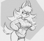 anthro big_breasts breasts clothing female fur grey_background hair hand_on_breast long_hair simple_background solo striped_body striped_fur stripes sweater topwear turtleneck unsure smekbo latchkey_kingdom yuman monochrome