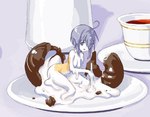 beverage blue_eyes blue_hair breasts candy chocolate chocolate_egg coffee dessert egg female food food_hair hair hair_over_eye looking_at_viewer micro not_furry nude one_eye_obstructed plate pseudo_hair sitting solo branzent cadbury creme_egg candy_humanoid food_creature food_humanoid goo_creature goo_humanoid humanoid living_candy