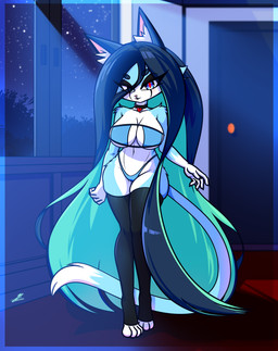 anthro barefoot big_breasts bikini black_hair blue_body blue_eyes blue_fur breasts choker clothing detailed_background feet female fur gift hair inner_ear_fluff jewelry long_socks necklace nightsky pointy_ears solo squish swimwear thick_thighs thigh_squish tuft two-piece_swimsuit wide_hips xxkenthewolfxx domestic_cat felid feline felis mammal absurd_res hi_res