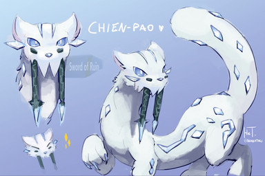 blue_background blue_eyes eyes_closed fangs feral front_view fur gradient_background heart_symbol ice long_body long_fangs long_tail looking_at_viewer quadruped raised_arm side_view simple_background smile snout solo sparkles standing tail teeth text white_body white_fur white_sclera headsetails nintendo pokemon chien-pao felid generation_9_pokemon legendary_pokemon mammal pokemon_(species) digital_drawing_(artwork) digital_media_(artwork) english_text hi_res multiple_images shaded signature