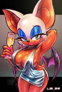 alcohol anthro beverage big_breasts breasts cleavage clothed clothing dress female looking_at_viewer mole_under_eye narrowed_eyes solo strapless_clothing strapless_dress wide_hips lib_59 sega sonic_the_hedgehog_(series) rouge_the_bat bat mammal hi_res