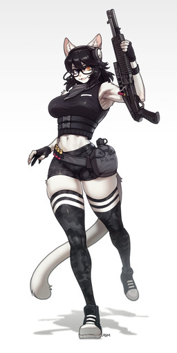 anthro biped bottomwear breasts claws clothed clothed_anthro clothed_female clothing female fingers front_view fully_clothed fully_clothed_anthro fully_clothed_female fur gun hair navel ranged_weapon smile solo standing tail teeth topwear weapon pgm300 domestic_cat felid feline felis mammal 2026 absurd_res digital_drawing_(artwork) digital_media_(artwork) hi_res