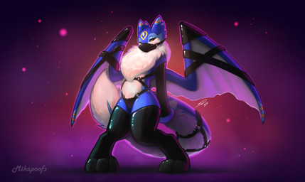 3_fingers 3_toes animal_genitalia anthro arm_warmers armwear bedroom_eyes belly biped black_mask blue_arms blue_body blue_fur blue_markings blush bodily_fluids bottomless choker clothed clothing collar countershade_torso countershading digitigrade feet fingers fluffy fluffy_tail front_view fur furry_tail genitals gloves_(marking) harness head_markings heart_symbol horn jewelry latex latex_clothing latex_legwear latex_thigh_highs leaning leaning_backward leg_markings legwear looking_at_viewer male markings mask membrane_(anatomy) membranous_wings midriff motion_lines multi_ear multicolored_body multicolored_fur narrowed_eyes navel neck_tuft necklace nude paws pointy_ears pose seductive simple_background slim socks_(marking) solo standing striped_markings stripes symbol tail tail_fluff tail_harness tail_tuft tapering_tail teeth text thick_tail thigh_highs toes topless tuft two_tone_body two_tone_fur two_tone_tail two_tone_wings white_belly white_body white_fur white_horn wide_hips wings wings_tied yellow_eyes yellow_markings yellow_stripes mikapoofs mythology mika_(mikapoofs) dragon furred_dragon furred_scalie mythological_creature mythological_scalie scalie english_text hi_res pinup