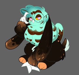 adjusting_glasses blue_eyes brown_body candy claws dessert eyewear female feral fluffy food freckles glasses leaning leaning_forward looking_at_viewer paws scut_tail short_tail simple_background solo tail villegreen mythology avian gryphon lagomorph leporid mammal mythological_avian mythological_creature rabbit hi_res