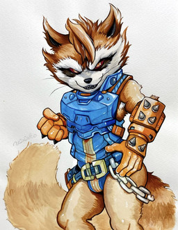 anthro armor armpit_hair body_hair brown_body brown_fur bulge clothed clothing fur gloves handwear male red_eyes skimpy smile smirk solo tail unconvincing_armor ulala_ko guardians_of_the_galaxy marvel marvel_rivals rocket_raccoon mammal procyonid raccoon hi_res