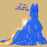 anthro big_breasts blue_goo breasts dialogue duo female fur hair nude orange_body orange_fur simple_background slime stuck stuck_together tan_body tan_fur text translucent translucent_body acacia_dune acacia bluemette canid canid_taur canine canine_taur canis dog_taur domestic_dog felid feline felis goo_creature mammal mammal_taur sand_cat taur 1:1 english_text hi_res