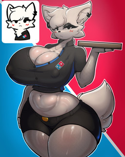 anthro armwear big_breasts bottomwear box breasts cleavage clothed clothed_anthro clothed_female clothing container curvy_figure female fishnet_armwear fishnet_clothing fishnet_legwear fur hair hourglass_figure huge_breasts legwear looking_at_viewer nipple_outline pizza_box shirt shorts solo text thick_thighs topwear white_body white_fur white_hair wide_hips foxgumie boy_kisser_(meme) domino's_pizza girlkisser_(melodynotmel) silly_cat_(mauzymice) domestic_cat felid feline felis mammal 2026 english_text hi_res meme