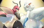 antennae_(anatomy) anthro areola arthropod big_breasts big_butt breasts butt duo female generation_2_pokemon generation_4_pokemon hair hi_res huge_breasts hyper hyper_breasts insect_wings ledian looking_at_viewer looking_back looking_back_at_viewer nintendo nipples non-mammal_nipples open_mouth pokemon pokemon_(species) smile surprised_expression togekiss white_hair wings zacianswords