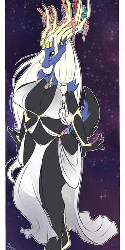 anthro arm_markings big_breasts biped black_body black_fur blue_body blue_countershading blue_fur bottomwear breasts cleavage clothed clothing cosmic_background countershade_face countershade_fur countershading female fur hair horn jewelry loincloth long_hair looking_at_viewer markings multi_horn navel necklace nipple_outline skimpy solo standing star starry_background white_clothing white_hair yellow_markings fuf nintendo pokemon generation_6_pokemon legendary_pokemon pokemon_(species) xerneas xerneas_(active_mode) 2018 hi_res