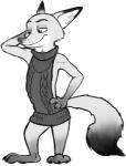 anthro clothed clothing dipstick_ears dipstick_tail ear_markings fur gloves_(marking) leg_markings male markings multicolored_ears multicolored_tail pose simple_background socks_(marking) solo standing sweater tail tail_markings topwear virgin_killer_sweater white_background numbro disney meme_clothing zootopia nick_wilde canid canine fox mammal red_fox true_fox greyscale meme monochrome