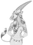 anthro ear_chain ear_piercing ear_ring erect_nipples female flat_chested genitals hair jewelry_only navel nipples nude piercing presenting presenting_teats pussy ring_piercing solo tail tail_tuft teats teats_lift tuft h-picaso antelope bovid grazing_antelope mammal oryx hi_res monochrome