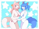 5_fingers anthro bikini blue_bikini blue_body blue_clothing blue_eyes blue_fur blue_hair blue_swimwear blush breasts clothing duo female fingers fluffy fluffy_tail fur hair hand_holding kemono looking_at_viewer medium_breasts midriff navel open_mouth open_smile pattern_bikini pattern_clothing pattern_swimwear pink_body pink_fur pink_hair red_bikini red_clothing red_swimwear simple_background small_breasts smile standing striped_bikini striped_clothing striped_swimwear stripes swimwear tail two-piece_swimsuit nrj_275 canid canine canis domestic_dog mammal hi_res