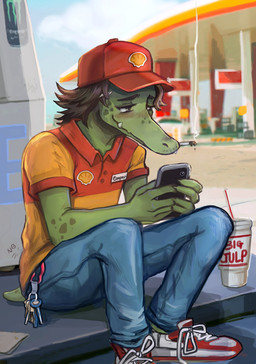 anthro baseball_cap black_hair bottomwear cellphone cigarette cigarette_in_mouth clothed clothing denim denim_bottomwear denim_clothing electronics employee_uniform footwear fully_clothed gas_station hair hat headgear headwear holding_cellphone holding_object holding_phone holding_smartphone jeans key male name_tag object_in_mouth pants phone shirt shoes smartphone smoking smoking_cigarette sneakers solo t-shirt texting topwear noisybear cooper_(noisybear) alligatorid crocodilian reptile scalie absurd_res hi_res