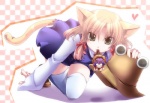 blonde_hair cat_tail chibi clothing dangling duo female grey_eyes hair hat headgear headwear legwear micro mouth_hold purple_hair scared short_hair solo_focus tail thigh_highs shinolion touhou kanako_yasaka pyonta suwako_moriya animal_humanoid cat_humanoid felid felid_humanoid feline feline_humanoid humanoid mammal mammal_humanoid 2009 digital_media_(artwork)