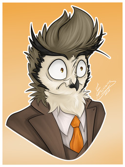 anthro arvis_emberquill beak border clothing feathers male orange_eyes shocked solo suit suit_and_tie surprised white_border eiviaris avian bird owl true_owl white-faced_owl 3:4 hi_res reaction_image