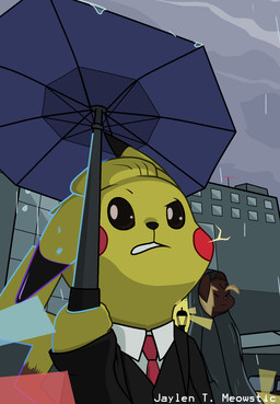 accessory black_nose building clothed clothing coat duo electricity eyes_closed holding_object holding_umbrella light male necktie outside raincoat raining red_cheeks solo_focus sparks suit topwear umbrella yellow_body jaylus_t_meowstic nintendo pokemon generation_1_pokemon generation_4_pokemon lopunny pikachu pokemon_(species) aliasing digital_media_(artwork) hi_res