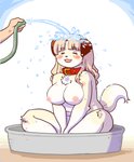 anthro blonde_hair blush breasts crossed_legs disembodied_hand duo eyes_closed female floppy_ears fur hair happy holding_hose hose kemono long_hair nipples nude open_mouth overweight overweight_female sitting slightly_chubby solo_focus spraying_water summer washtub water wet yellow_body yellow_fur kin-shun mai_(kin-shun) canid canine canis domestic_dog mammal digital_media_(artwork) hi_res redraw