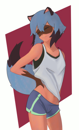 bored bottomwear clothing ears_back female pivoted_ears shorts solo streched tail evermind brand_new_animal studio_trigger michiru_kagemori canid canine mammal raccoon_dog tanuki absurd_res hi_res