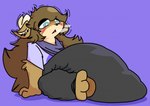 ambiguous_gender anthro blush breath brown_hair clothing diaper diaper_under_clothing feces freckled_face freckles fur hair horn motion_lines panting pooping purple_background scarf shaking shirt simple_background soiled_diaper soiling soiling_diaper solo tan_body tan_fur topwear unclean_diaper used_diaper rapoof deer mammal digital_drawing_(artwork) digital_media_(artwork)