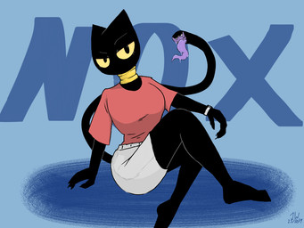 big_breasts black_body breasts clothing emotionless female long_tail long_tongue open_mouth sharp_teeth simple_background solo tail teeth tongue jing_wei nox_(noirchaton4) alien domestic_cat felid feline felis mammal 4:3