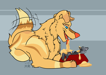 bowl cheese container dairy_products erection food food_in_mouth fur genitals holding_food holding_object micro penis size_difference smothering yellow_body yellow_fur harikuran kinktober velveeta_(harikuran) bird_dog canid canine canis domestic_dog hunting_dog labrador mammal retriever wolf absurd_res hi_res