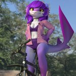 5_fingers anthro bicycle bra clothing cute_fangs ear_piercing fangs female fingers hair looking_at_viewer mountain_bike outside piercing purple_body purple_hair shirt solo sports_bra sports_panties teeth topwear unbuttoned_shirt underwear vehicle yellow_eyes lin_artist hailina fish marine shark 1:1 3d_(artwork) digital_media_(artwork)