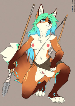 4_toes anthro areola barefoot blue_eyes blue_hair blush body_blush bottomwear bottomwear_aside bow_(weapon) breasts brown_body brown_fur chest_tuft claws clitoris clothed clothing clothing_aside countershade_face countershade_legs countershade_thighs countershade_torso countershading crotch_apron feet female fingerless_(marking) fur genitals gloves_(marking) gradient_hair green_hair hair hunter ineffective_clothing ineffective_loincloth kneeling leg_markings loincloth loincloth_aside loincloth_only looking_up markings melee_weapon multicolored_hair navel nipples no_underwear on_one_knee open_mouth orange_body orange_fur pink_areola pink_nipples pink_vulva plantigrade polearm ranged_weapon skirt socks_(marking) solo spear tan_body tan_countershading tan_fur teal_hair toes topless tribal tribal_clothing tuft two_tone_hair vulva vulva_blush weapon white_body white_fur foxboy83 kir'hala canid canine fox mammal red_fox true_fox digital_media_(artwork) hi_res