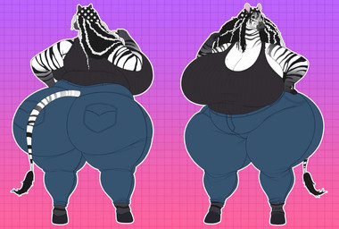 anthro big_breasts big_butt black_body black_clothing black_hair black_lips black_shirt black_stripes black_tank_top black_topwear blue_bottomwear blue_clothing blue_jeans blue_pants bottomwear breasts brown_eyes butt clothed clothing curvy_figure denim denim_bottomwear denim_clothing female front_view gradient_arms gradient_legs hair hand_on_hip highlights_(coloring) hooves huge_breasts huge_butt huge_thighs jeans lips long_hair looking_at_viewer mature_anthro mature_female pants rear_view shirt smile solo standing stripes tail tank_top thick_lips thick_thighs tight_bottomwear tight_clothing tight_jeans tight_pants topwear vein veiny_breasts voluptuous white_body white_highlights vintagart amara_(noeticred) equid equine mammal zebra full-length_portrait hi_res model_sheet portrait