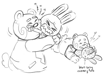 anthro blush bodily_fluids chibi duo eyes_closed hug kissing male male/male simple_background slightly_chubby sweat white_background cubert animal_crossing nintendo beardo_(animal_crossing) gaston_(animal_crossing) bear lagomorph leporid mammal rabbit 2020 hi_res monochrome