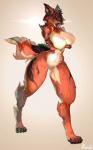 anthro arm_under_breasts big_breasts black_body black_fur breasts brown_hair claws female fur hair open_mouth red_body red_fur solo teeth thick_thighs tongue white_body white_fur wide_hips yellow_eyes ponnchi franchesca_(garasaki) canid canine fox mammal hi_res