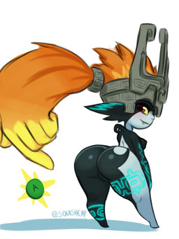 armor big_butt blue_markings blush breasts butt button_prompt clothing eyelashes featureless_crotch featureless_feet feet female fused_shadow gesture hair hand_gesture headgear headwear helmet humanoid_pointy_ears looking_at_viewer looking_back looking_back_at_viewer markings orange_hair pointing pointing_at_butt pointing_at_self pointy_ears ponytail prehensile_hair presenting presenting_hindquarters rear_view red_eyes shortstack simple_background small_breasts smile snaggle_tooth solo thick_thighs white_background wide_hips yellow_sclera squishcap nintendo the_legend_of_zelda twilight_princess midna humanoid imp twili 3:4
