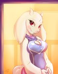 albino anthro big_breasts blush boss_monster_(undertale) bovid breasts caprine cleavage cleavage_cutout clothed clothing cutout female fur hi_res horn keyhole_turtleneck kyodashiro mammal red_eyes smile solo sweater topwear toriel turtleneck undertale undertale_(series) white_body white_fur