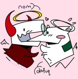 2_horns ambiguous_gender anthro dialogue dot_eyes duo eye_contact eyewear flesh_fang front_view glasses halo head_horn head_nom heart_symbol horn looking_at_another nom nom_(sound_effect) onomatopoeia open_mouth open_smile pince-nez pink_background red_body rosy_cheeks simple_background simple_eyes smile sound_effects sweatdrop_(iconography) text wearing_glasses skykdotidot jade_(skykdotidot) karma_(skykdotidot) avian unknown_species 2023 artist_name digital_drawing_(artwork) digital_media_(artwork) english_text headshot_portrait portrait male_(lore)