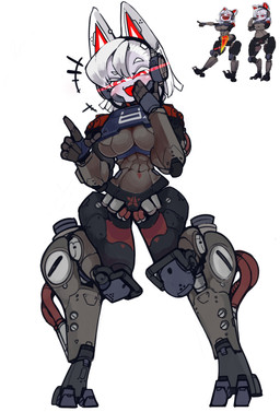 bangs belly_tattoo big_breasts blade_arm bodily_fluids breasts digitigrade duo electronics energy_blade female flesh_fang gesture glowing glowing_eyes hair hand_gesture hand_on_mouth headphones humanoidized laugh laughing_at laughing_at_viewer looking_at_viewer machine noseless not_furry open_mouth pointing pointing_at_viewer pubic_tattoo red_eyes short_hair solo_focus tattoo tears tongue under_boob uvula white_hair wide_hips macanick tinyidiotbird helldivers commissar_(helldivers) fan_character trooper_(helldivers) animal_humanoid automaton felid felid_humanoid humanoid mammal mammal_humanoid robot robot_humanoid 2026 absurd_res full-length_portrait hi_res multiple_images portrait reference_image