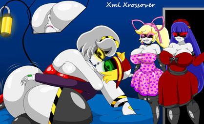 backwards_baseball_cap backwards_hat baseball_cap being_watched big_breasts big_butt breasts butt butt_grab clothing female french_kissing green_eyes grey_hair group hair hand_on_butt hat headgear headwear huge_breasts huge_butt kiss_on_lips kissing larger_female long_hair looking_at_another machine male male/female penetration pink_eyes ponytail purple_hair red_eyes short_hair size_difference smaller_male tail thick_thighs vaginal vaginal_penetration white_body yellow_body yellow_eyes xml_xrossover_(artist) glitch_productions murder_drones doll_(murder_drones) lizzy_(murder_drones) thad thad_(murder_drones) v_(murder_drones) disassembly_drone humanoid robot robot_humanoid worker_drone hi_res