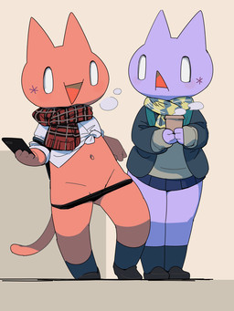 anthro clothed clothing coffee_cup container cup duo electronics female navel panties partially_clothed phone presenting scarf smile smiling_at_another underwear qadyx 2channel domestic_cat felid feline felis mammal 3:4 hi_res